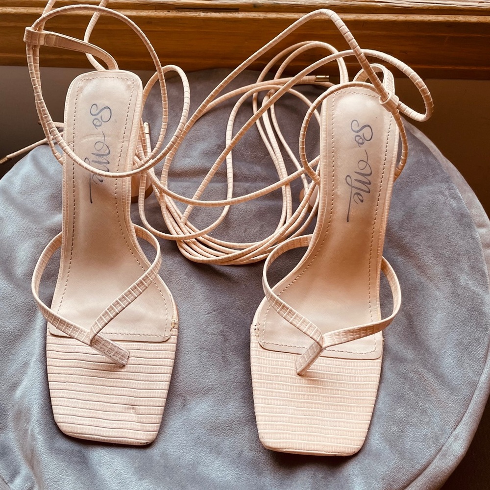 So Me strappy leg up faux leather high heel  size 7. Worn condition